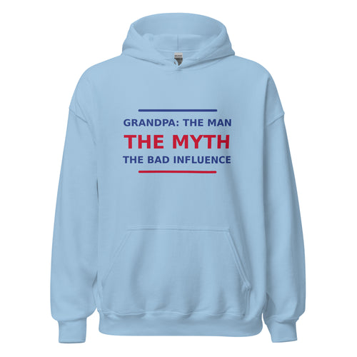Grandpa: The Man, The Myth, The Bad Influence funny grandpa hoodie in Light Blue, front view