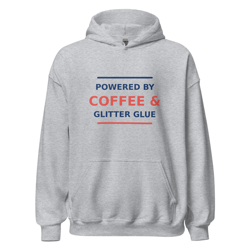 Powered By Coffee & Glitter Glue funny teacher hoodie in Sport Grey, front view