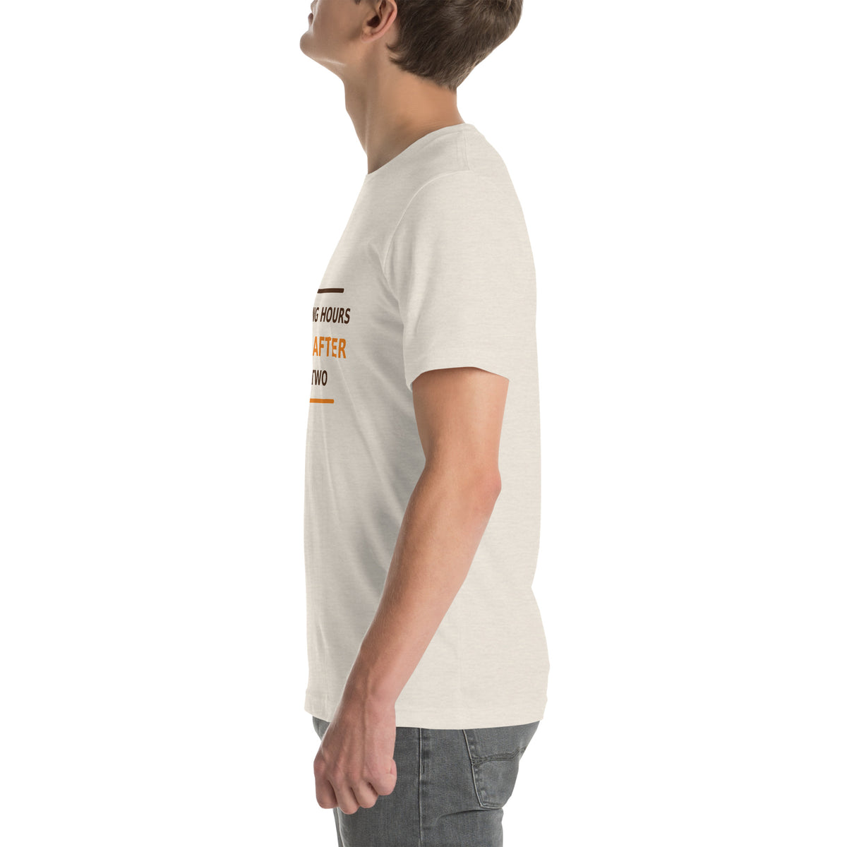 Speaking Hours Begin After Cup Two coffee lover t-shirt in Heather Dust, left side view