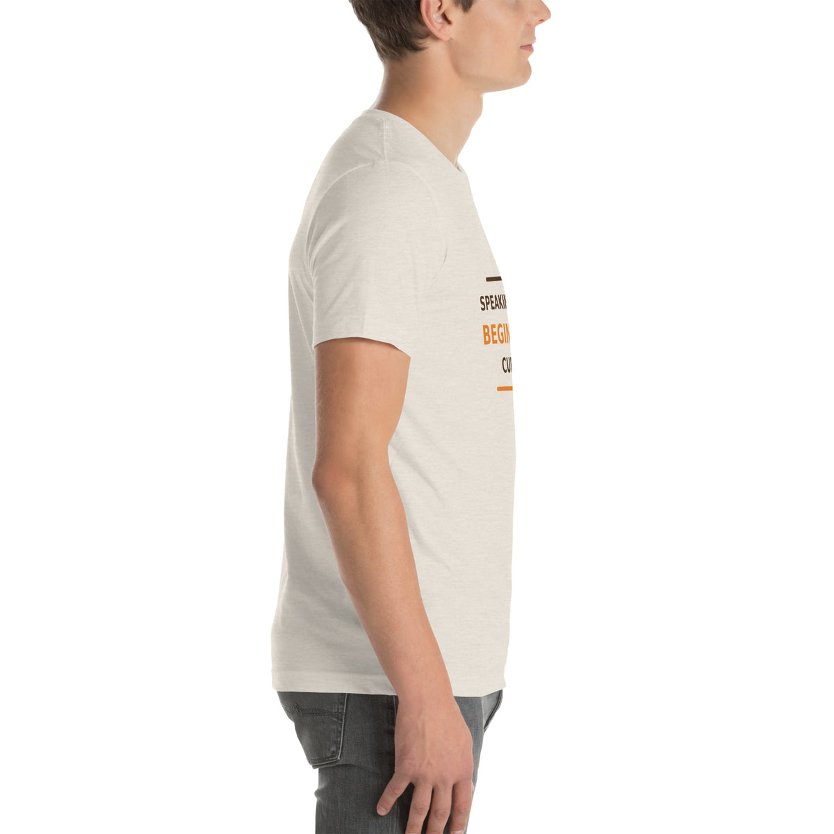 Speaking Hours Begin After Cup Two coffee lover t-shirt in Heather Dust, right side view