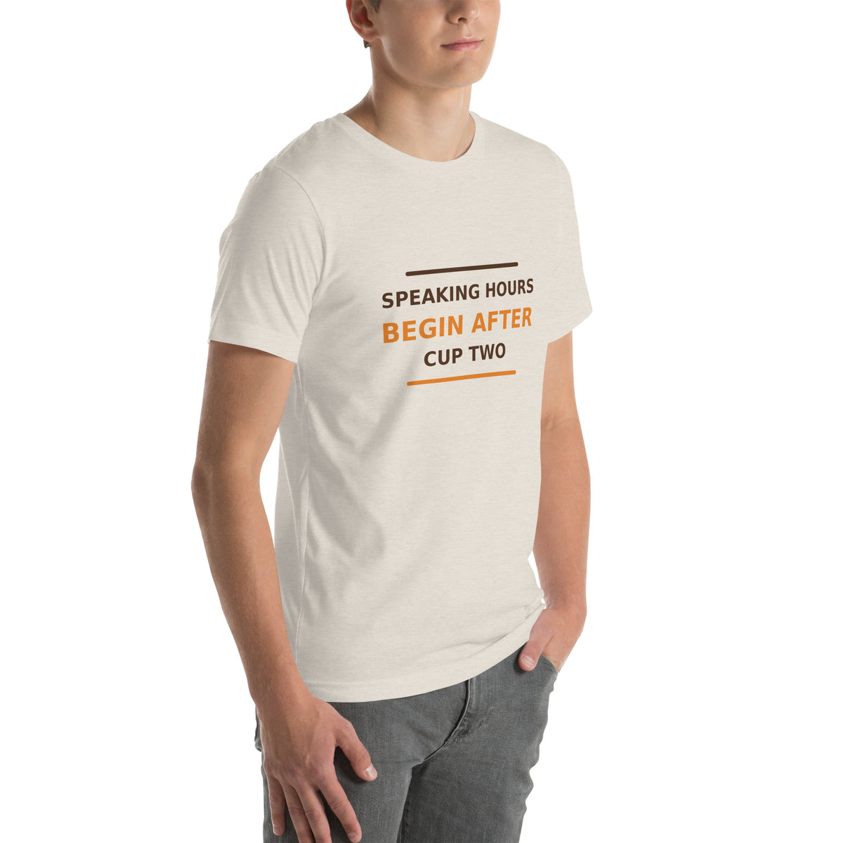 Speaking Hours Begin After Cup Two coffee lover t-shirt in Heather Dust, right front view