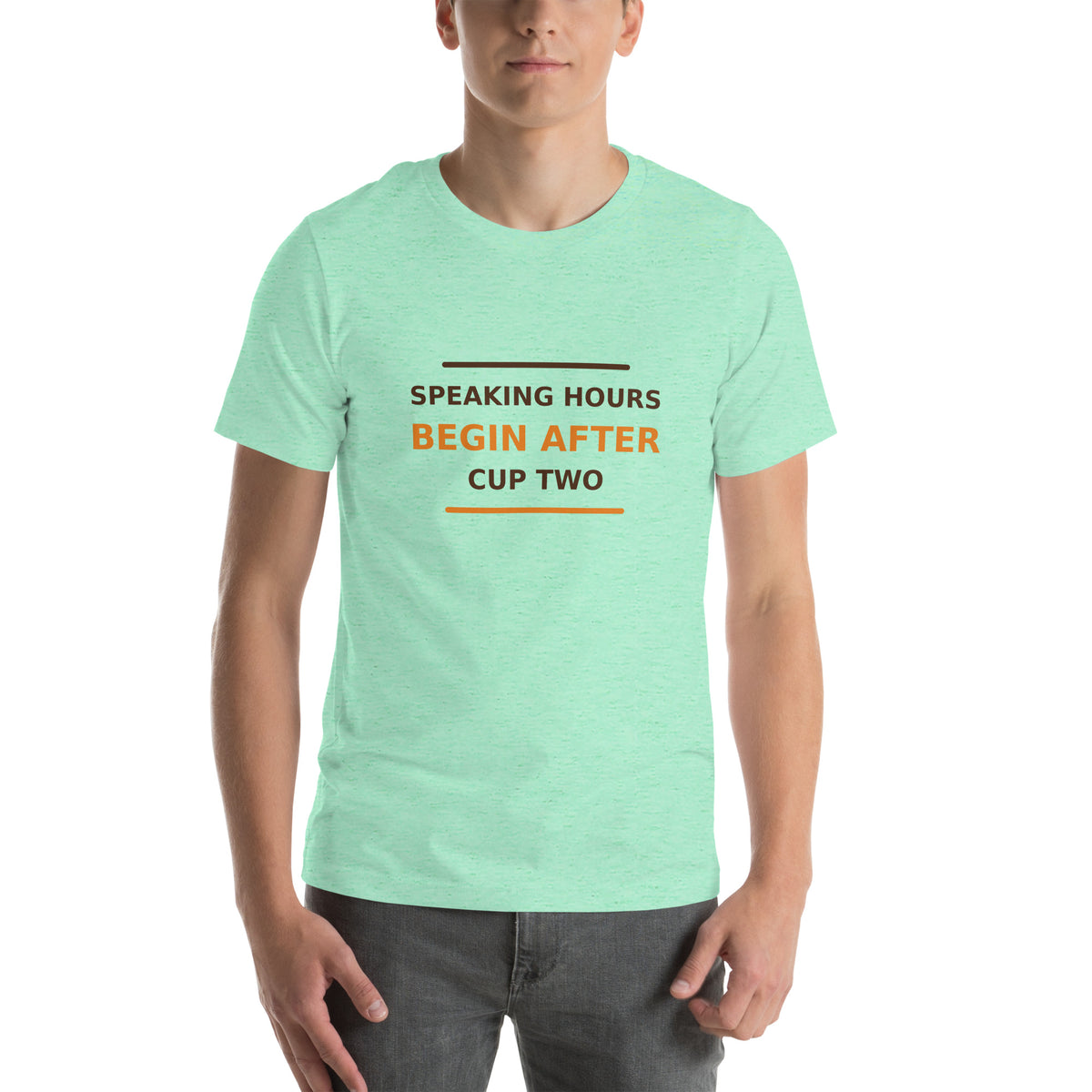 Speaking Hours Begin After Cup Two coffee lover t-shirt in Heather Mint, front view