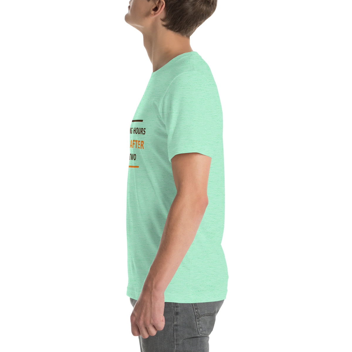 Speaking Hours Begin After Cup Two coffee lover t-shirt in Heather Mint, left side view