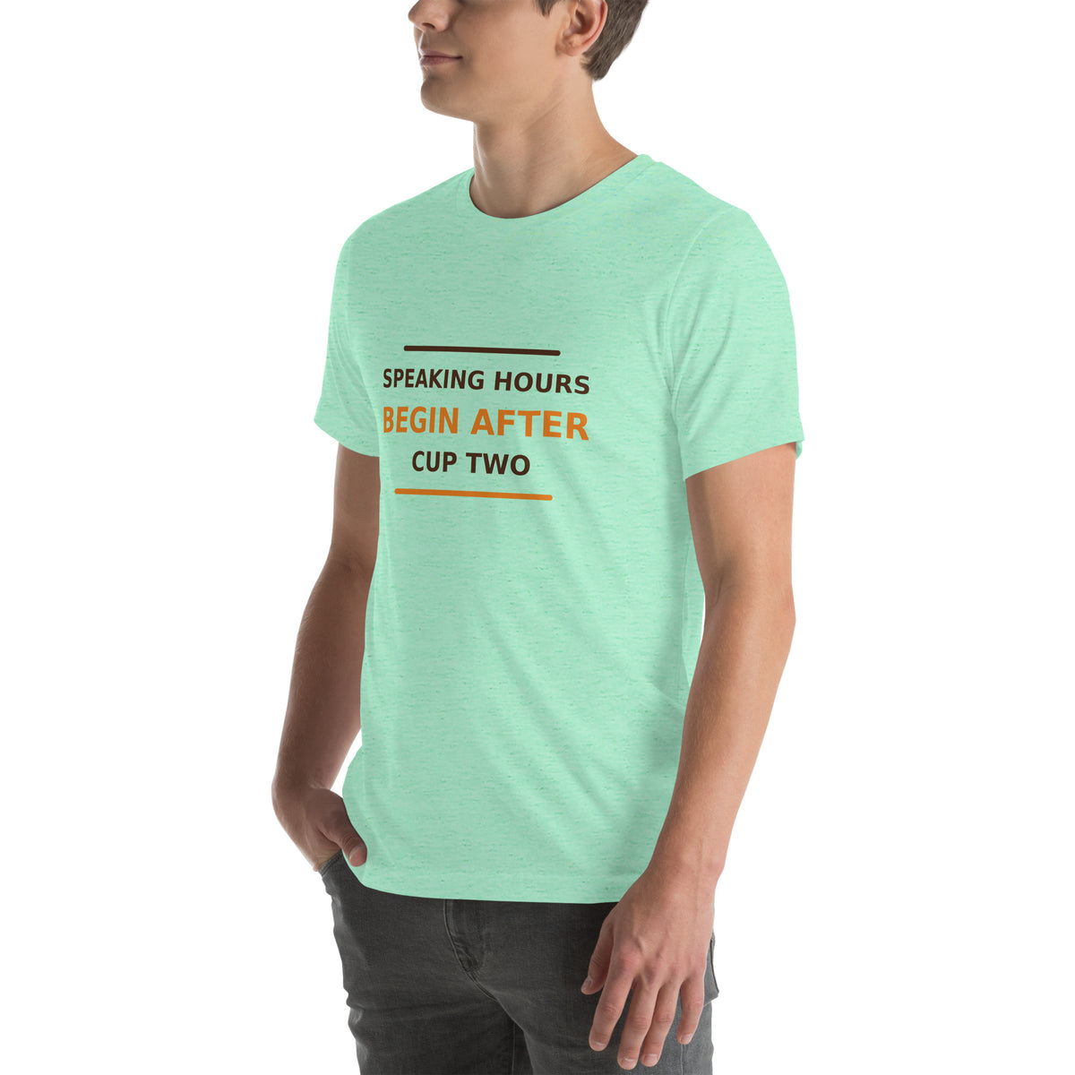 Speaking Hours Begin After Cup Two coffee lover t-shirt in Heather Mint, left front view