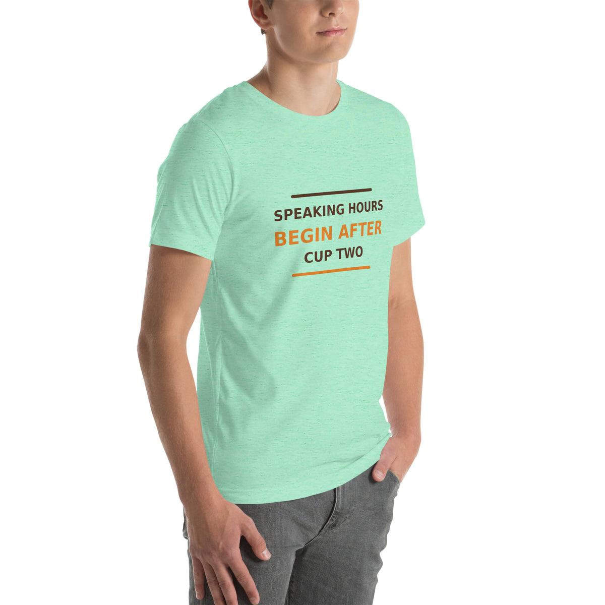 Speaking Hours Begin After Cup Two coffee lover t-shirt in Heather Mint, right front view