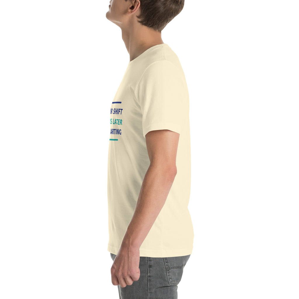 12-Hour Shift, 13 Hours Later, Still Charting funny nurse t-shirt in Natural, left side view