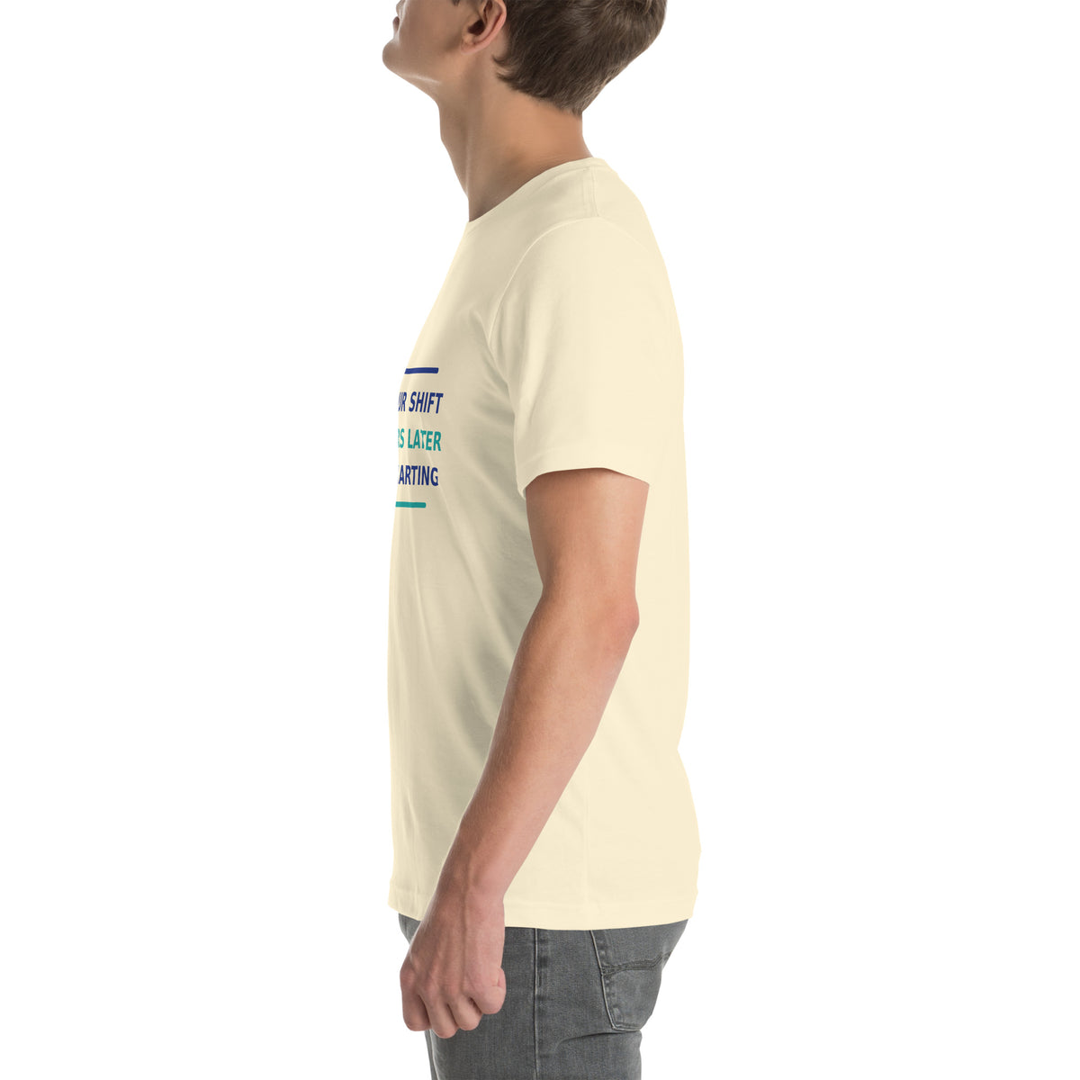 12-Hour Shift, 13 Hours Later, Still Charting funny nurse t-shirt in Natural, left side view