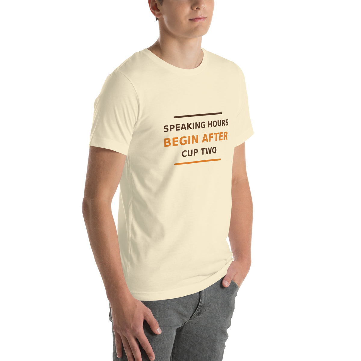 Speaking Hours Begin After Cup Two coffee lover t-shirt in Natural, right front view
