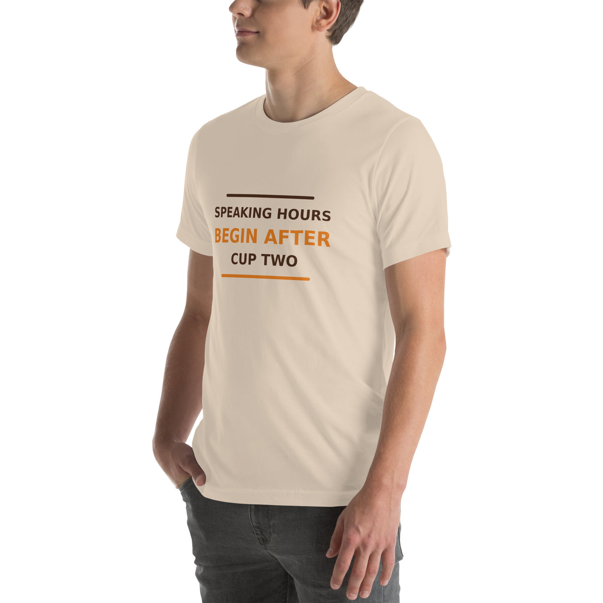 Speaking Hours Begin After Cup Two coffee lover t-shirt in Soft Cream, left front view