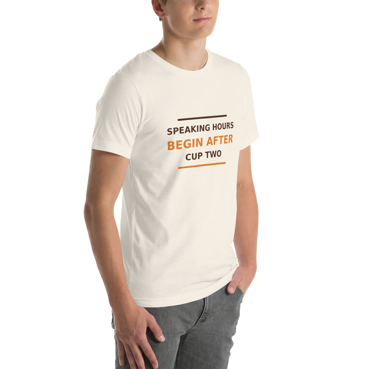 Speaking Hours Begin After Cup Two coffee lover t-shirt in Vintage White, right front view