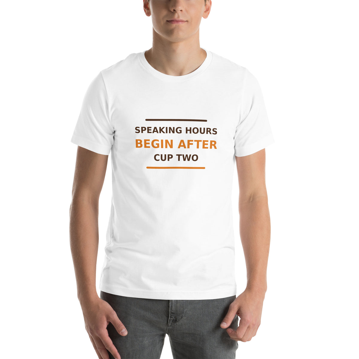 Speaking Hours Begin After Cup Two coffee lover t-shirt in White, front view