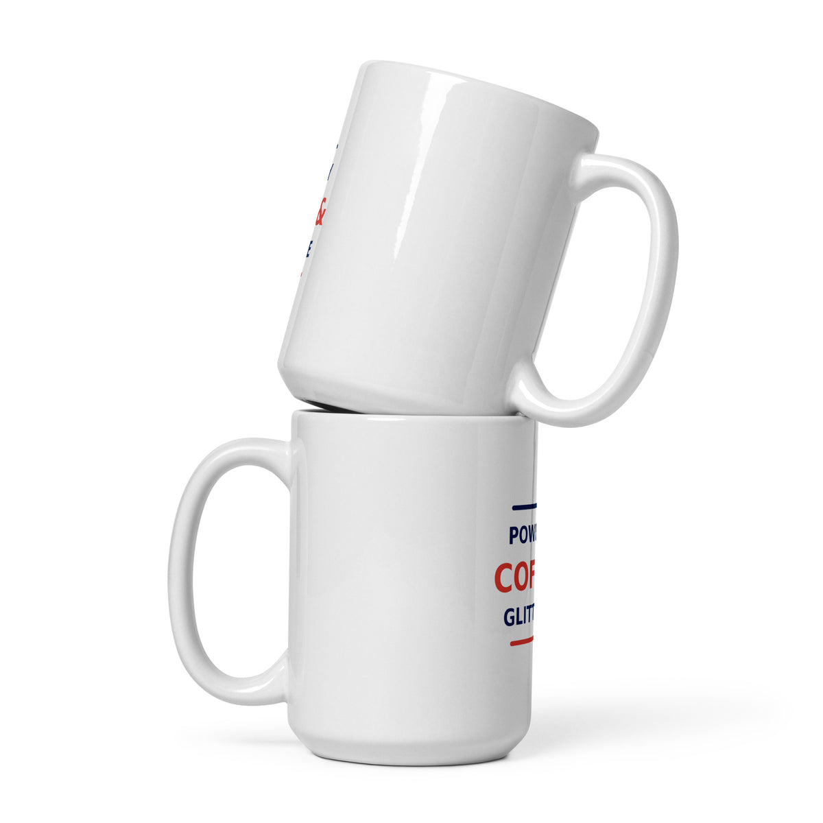 Powered By Coffee & Glitter Glue funny teacher coffee mug, front view