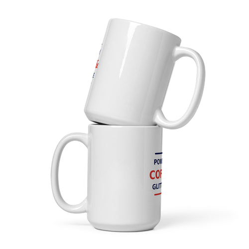Powered By Coffee & Glitter Glue funny teacher coffee mug, front view