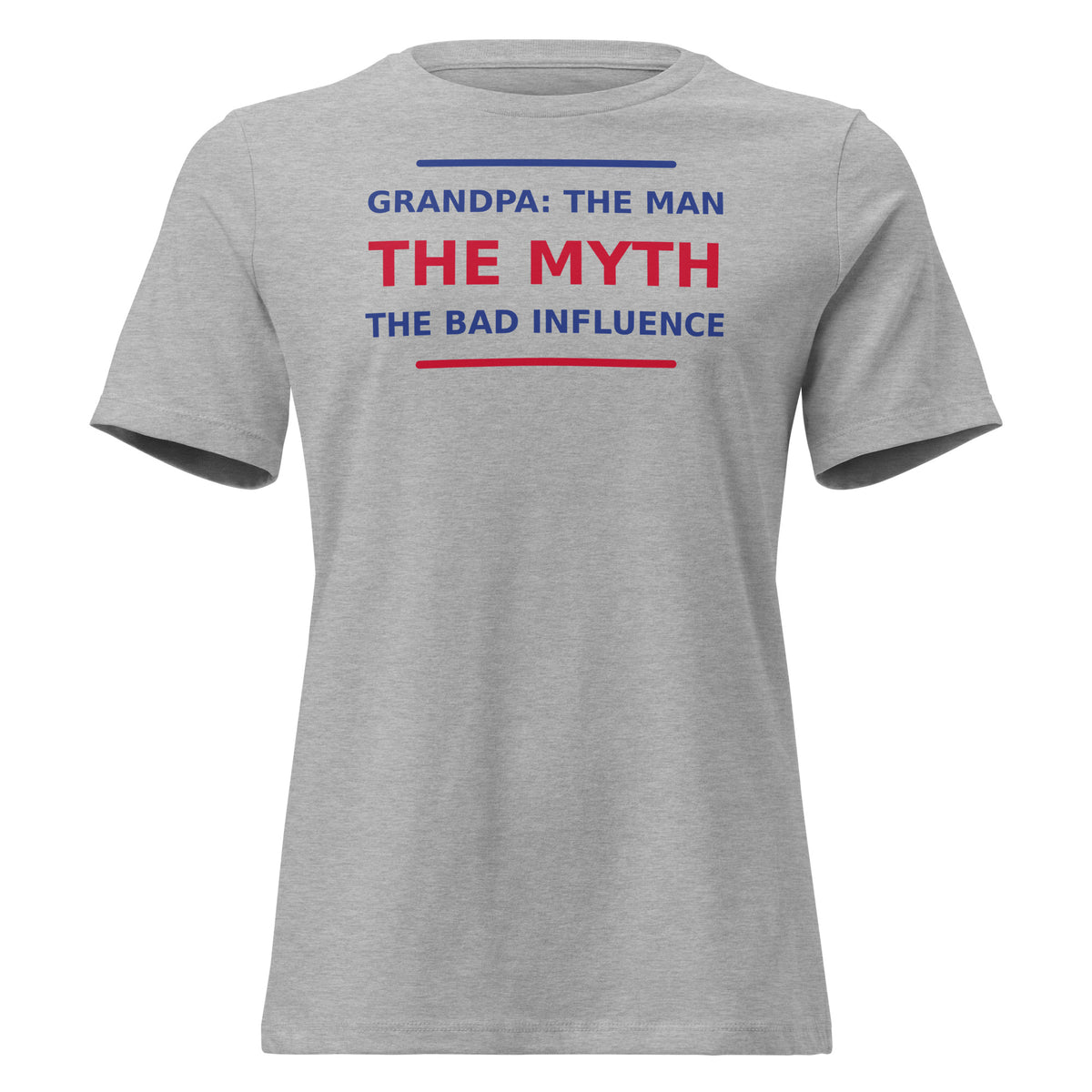 Grandpa: The Man, The Myth, The Bad Influence funny grandpa women's relaxed tee in Athletic Heather, front view