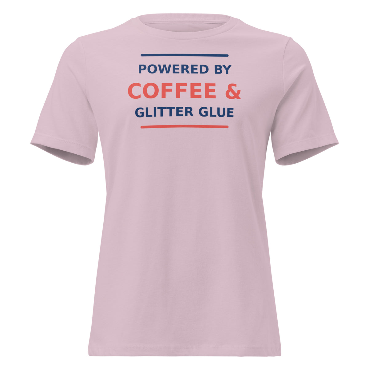 Powered By Coffee & Glitter Glue funny teacher women's relaxed tee in Light Violet, front view