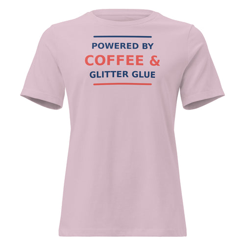 Powered By Coffee & Glitter Glue funny teacher women's relaxed tee in Light Violet, front view