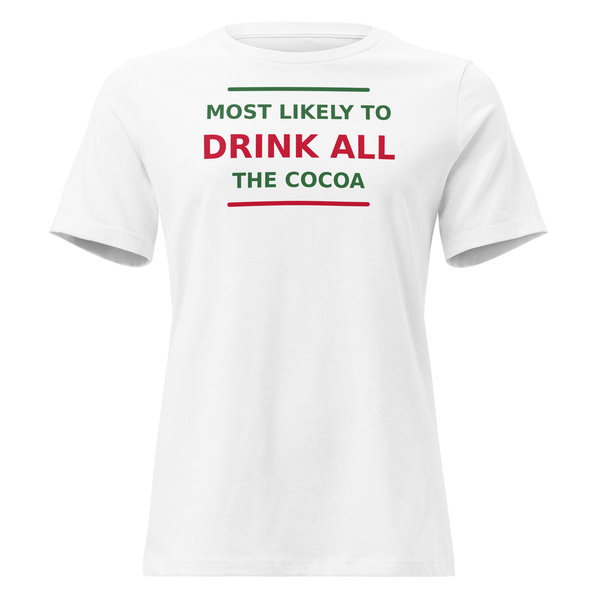 Most Likely To Drink All The Cocoa funny Christmas women's relaxed tee in White, front view