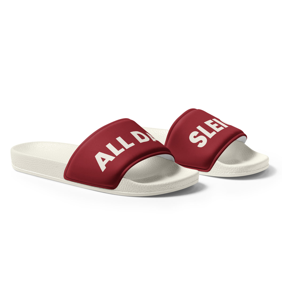 Sleigh All Day funny Christmas women's slides, right front view